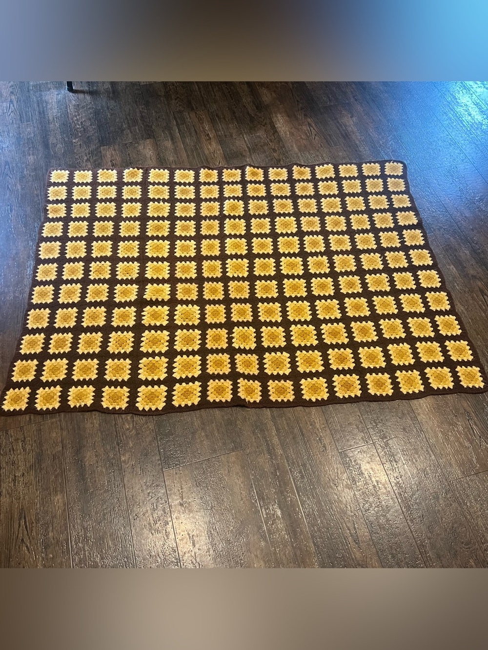 Vintage Granny Square Afghan Crochet Blanket Throw 58x40 Yellow/brown Cottage